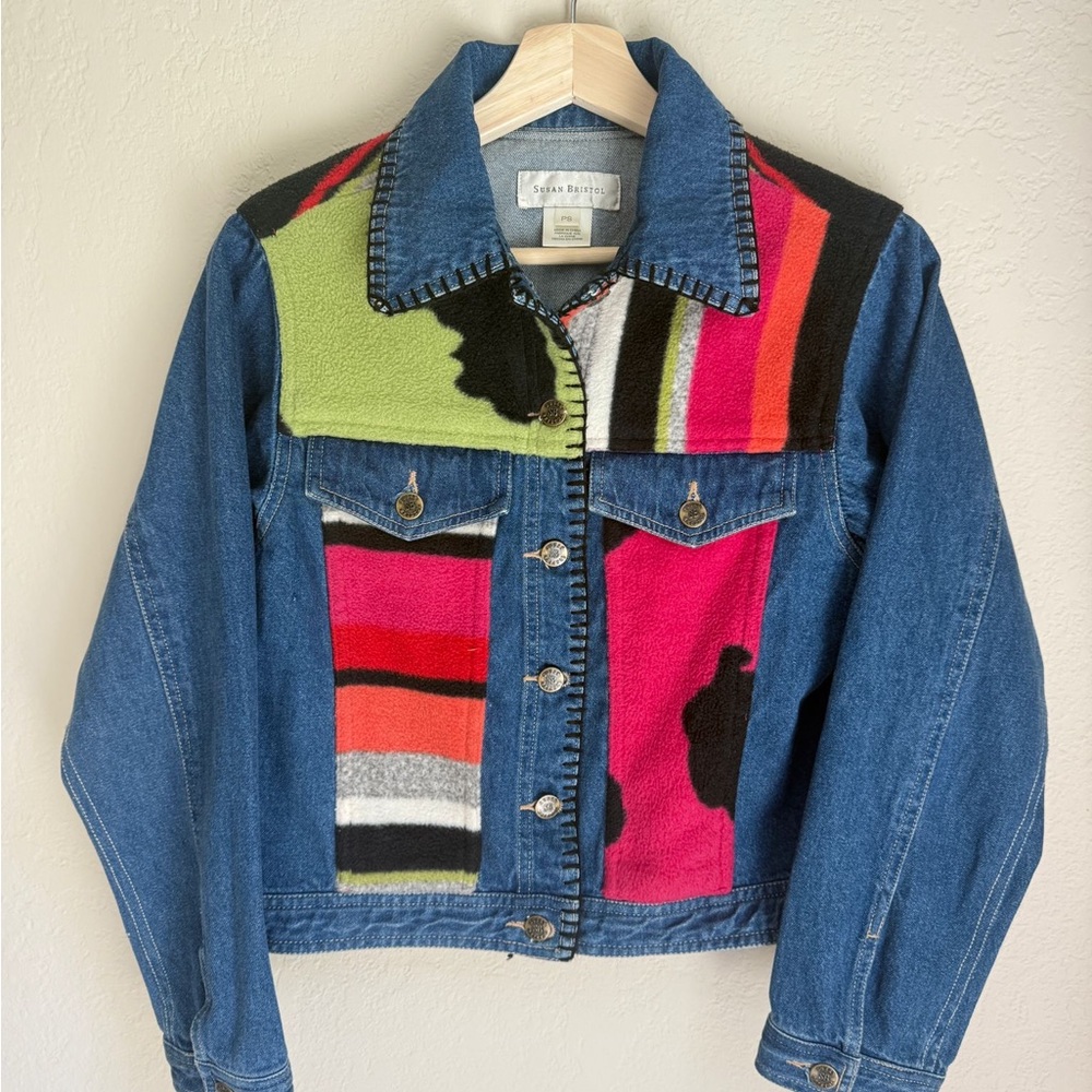 Vintage Colorful Denim Jacket with Patterned Design